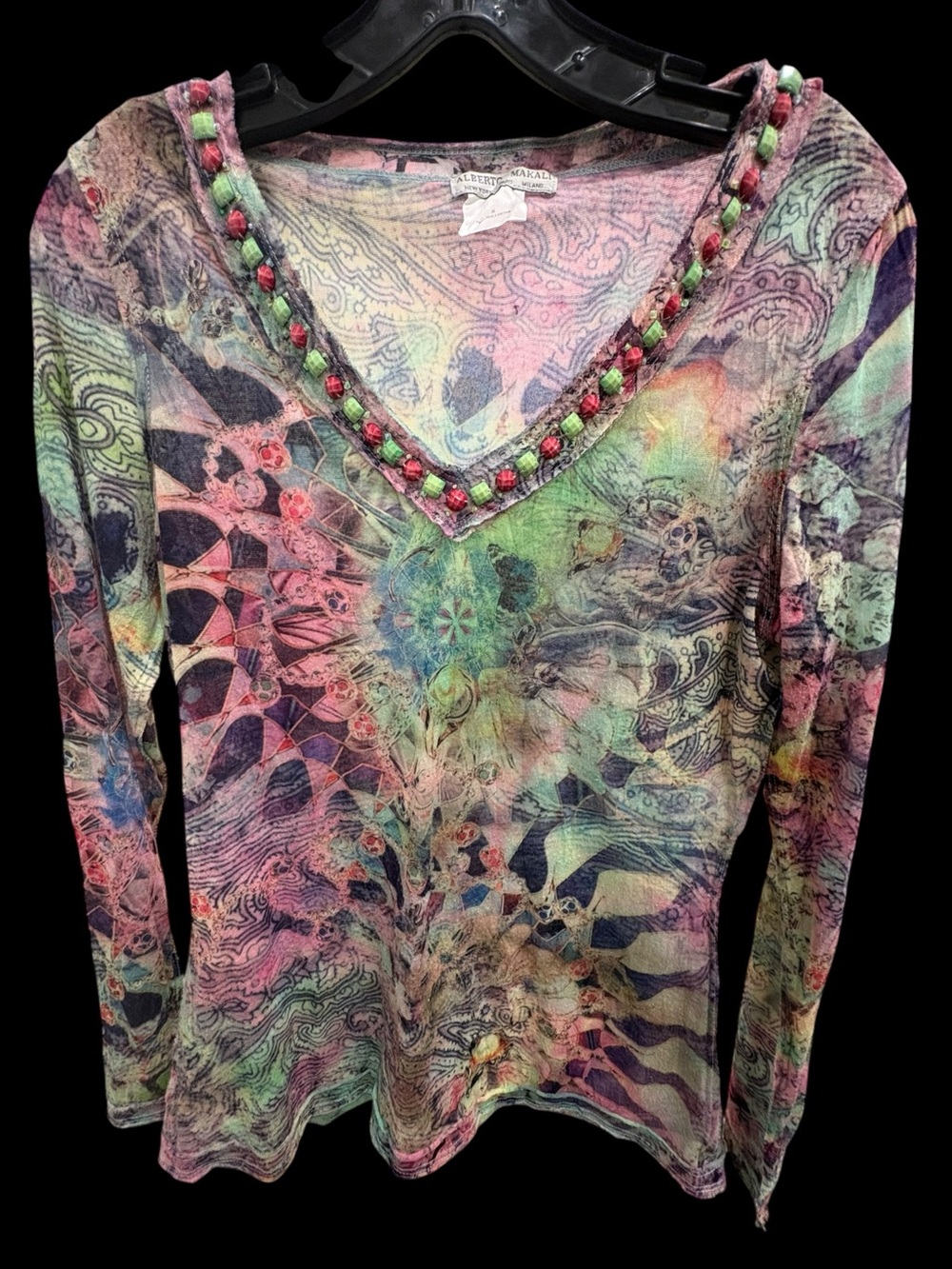 Alberto Makali Multicolor Abstract Beaded V Neck Mesh Top Size S
